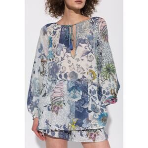 ETRO Tunic Blouse Blue Nautical Floral Motif Size 46 Large Tie Front 100% Ramie